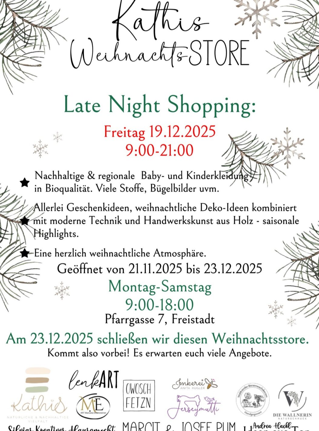 Der Weihnachts-Countdown startet ... es sind noch 5 Öffnungstage im Shop in der Pfarrgasse - also kommt vorbei. 
Am Freitag machen wir für EUCH bis 21 Uhr auf, also kommt und bringt Familie, Freunde und Bekannte mit.
Es zahlt sich auf jeden Fall aus, wir haben wundervolle weihnachtliche Geschenke und freuen uns auf euren Besuch!