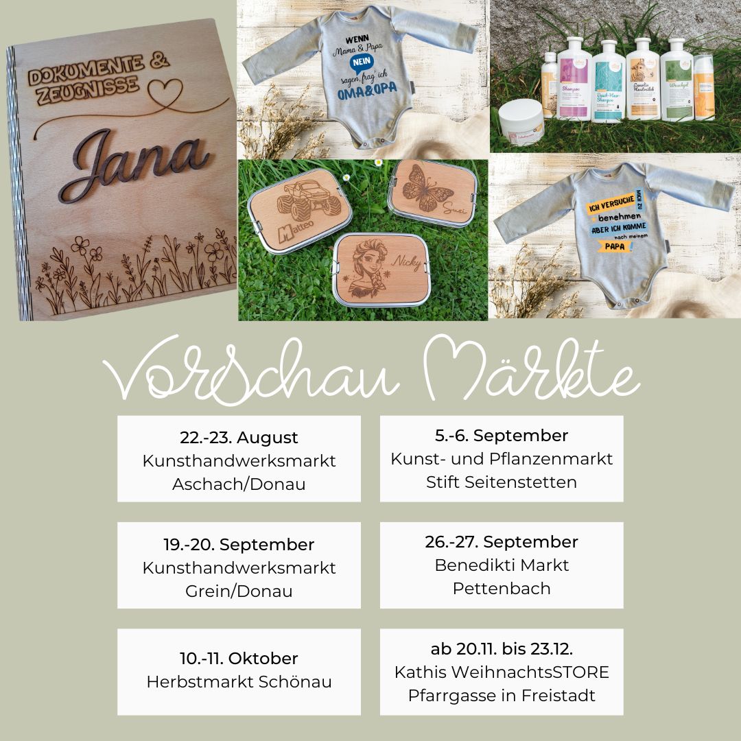 Hier ist es wieder total still, im Hintergrund läuft die Schultütenproduktion und auch der Ferienwahnsinn 😂 ... darum kurz und knackig ... die Marktvorschau, der Herbst hat es insich.
Freue mich über viele Besucher und ganz besonders auf den WeihnachtsSTORE in Freistadt.
#kunsthandwerkermarkt #artbeat #stiftseitenstetten #grein #khwmgrein
#benediktimarkt #handgenähtesfürkinder #genähtesfürkinderkaufen #biokleidungkaufen #biostoffe #personalisiertegeschenke